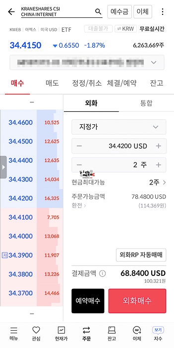 미국 ETF KWEB 2주 지정가 매수 주문 입력