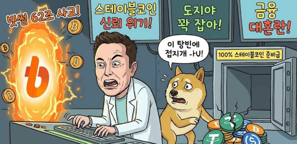 일론 머스크와 도지코인 강아지가 빗썸 62조 오류 포탈과 텅 빈 스테이블코인 금고 앞에서 당황하는 풍자 일러스트
