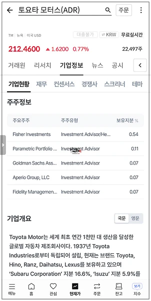 한국투자증권 앱에서 확인한 토요타(TM)의 212.46 달러 주봉 차트 화면