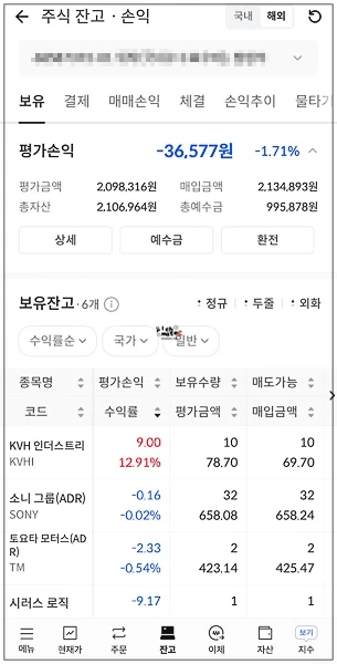 계좌 총 평가손익 -36,577원(-1.71%)과 소니 그룹(ADR) 32주가 입고된 주식 잔고 화면