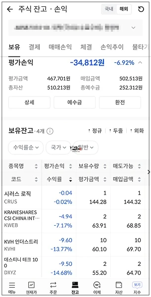 보유 주식 잔고 화면에 시러스 로직 주식 1주가 144.32달러 매입가로 들어와 있는 모습