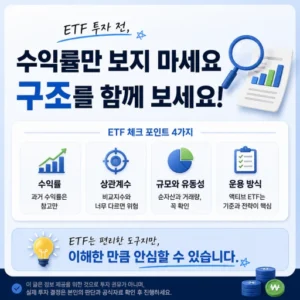 ETF 투자 전 수익률, 상관계수, 규모와 유동성, 운용 방식을 함께 보자는 체크 포인트가 정리된 본문 하단용 금융 카드