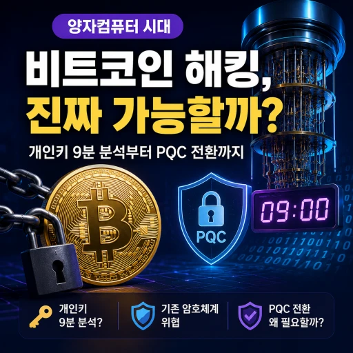 양자컴퓨터 시대에 비트코인 해킹 가능성을 다룬 대표 그래픽으로, 잠긴 비트코인과 양자컴퓨터 장치, PQC 보안 방패, 9분 타이머가 함께 배치된 장면