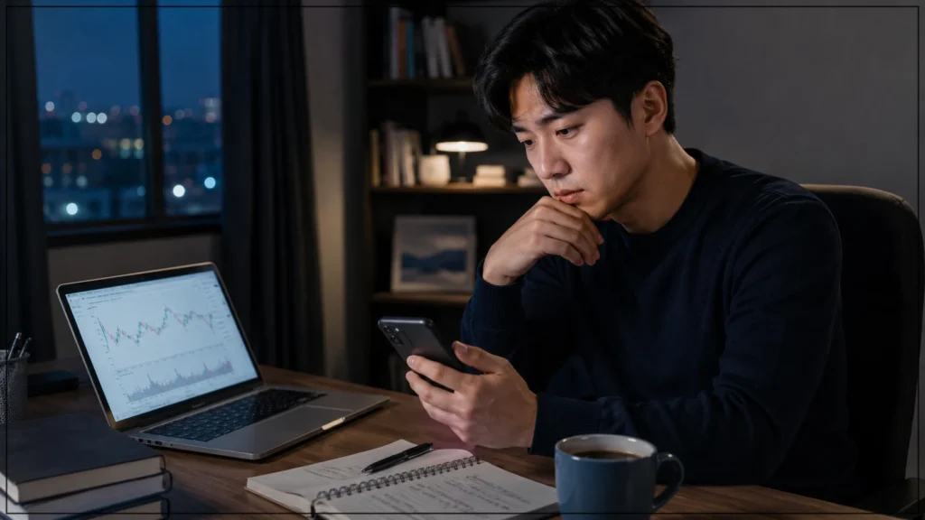 ETF라서 안전한 줄 알았는데? 삼전닉스 레버리지 ETF 쏠림 3 밤늦게 책상 앞에서 스마트폰과 노트북 차트를 보며 레버리지 ETF 투자 판단을 고민하는 개인 투자자의 모습입니다.