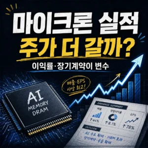 마이크론 실적 발표, 주가 영향은 이익률과 기대치에 달렸다 2 마이크론 실적 발표와 주가 영향을 주제로 AI 메모리 반도체 칩, 상승 차트, 실적 보고서를 함께 표현한 대표 이미지