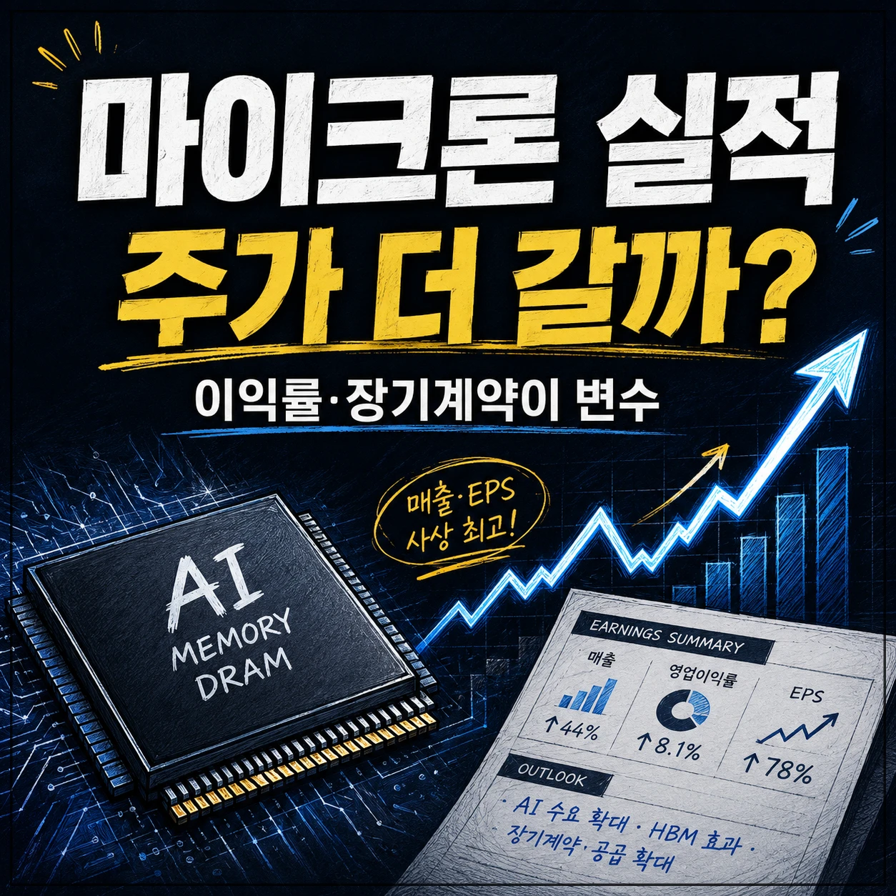 마이크론 실적 발표와 주가 영향을 주제로 AI 메모리 반도체 칩, 상승 차트, 실적 보고서를 함께 표현한 대표 이미지