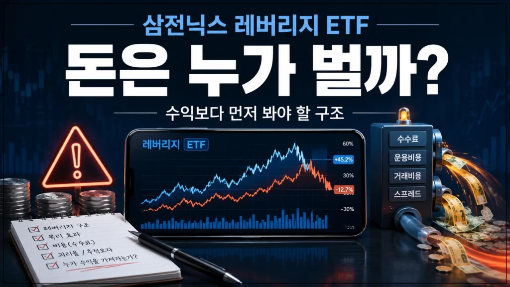 삼전닉스 레버리지 ETF 과열, 돈은 누가 버는 구조일까? 2 삼전닉스 레버리지 ETF 과열과 수수료 구조를 주제로, 스마트폰 차트 화면과 경고 표시, 비용이 새어나가는 장면을 함께 보여주는 대표 이미지