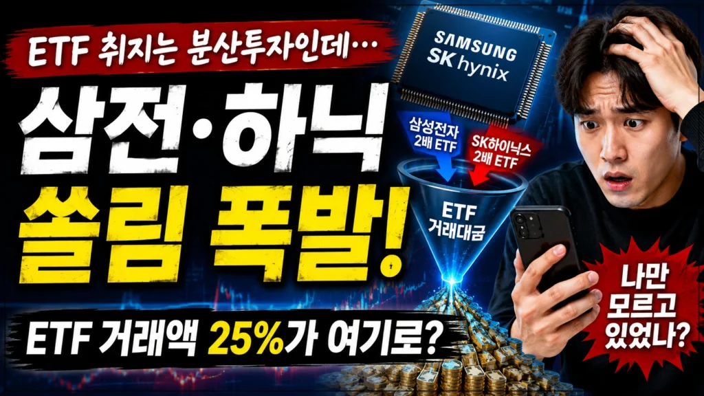 ETF라서 안전한 줄 알았는데? 삼전닉스 레버리지 ETF 쏠림 5 삼성전자와 SK하이닉스 2배 ETF 쏠림을 표현한 썸네일 이미지로, 놀란 투자자와 반도체 칩, ETF 거래 집중을 보여주는 시각 요소가 함께 배치되어 있습니다.