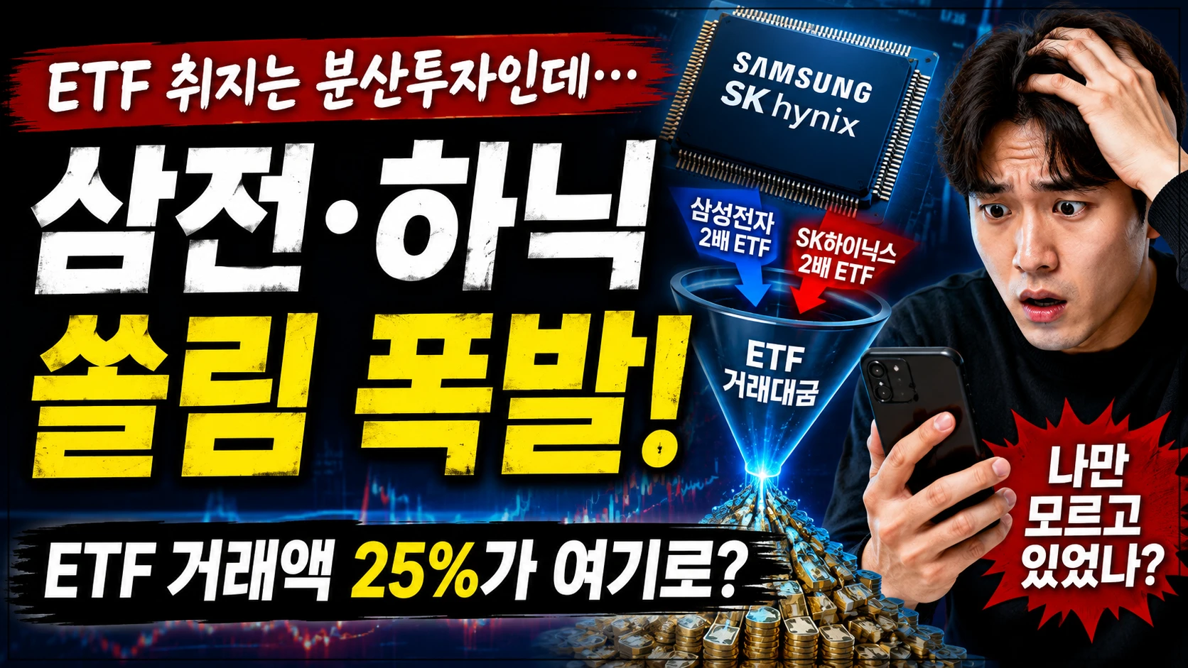 삼성전자와 SK하이닉스 2배 ETF 쏠림을 표현한 썸네일 이미지로, 놀란 투자자와 반도체 칩, ETF 거래 집중을 보여주는 시각 요소가 함께 배치되어 있습니다.