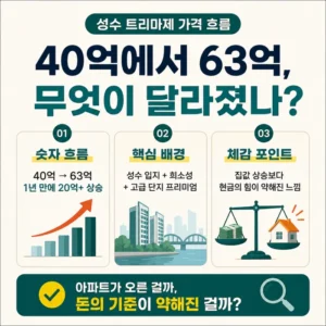 성수 트리마제 가격, 40억에서 63억 된 숫자가 불편한 이유 2 성수 트리마제 가격 흐름을 숫자 상승, 핵심 입지, 현금 가치 체감으로 나누어 정리한 인스타그램 카드뉴스형 인포그래픽