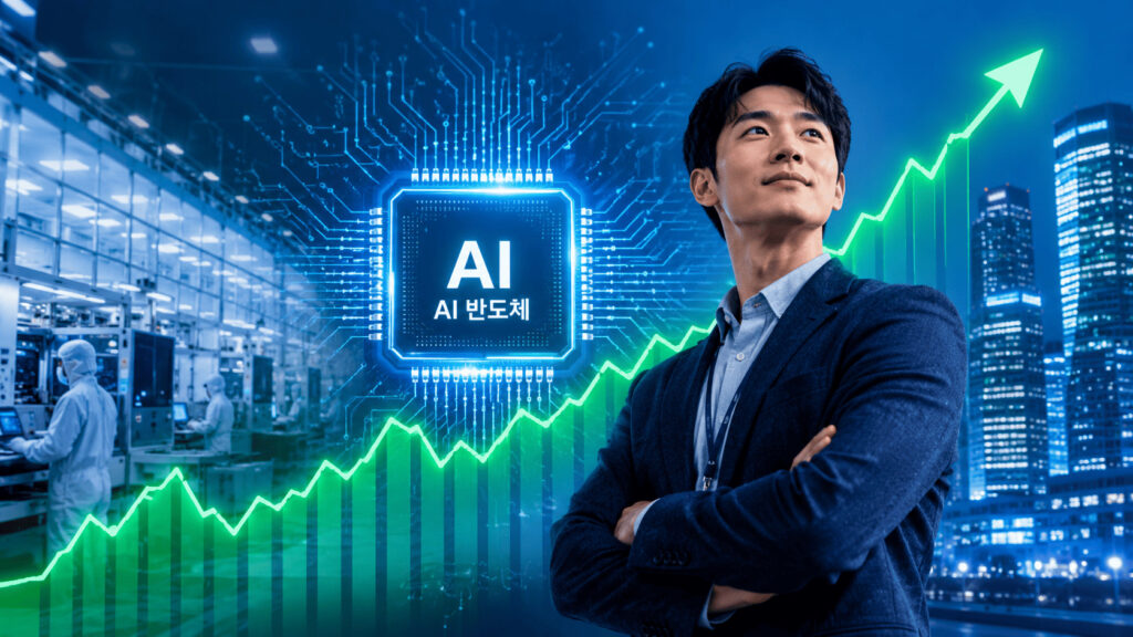AI 반도체 칩과 상승 차트, 자신감 있는 직장인이 함께 보이는 삼성전자 SK하이닉스 반도체 랠리 이미지