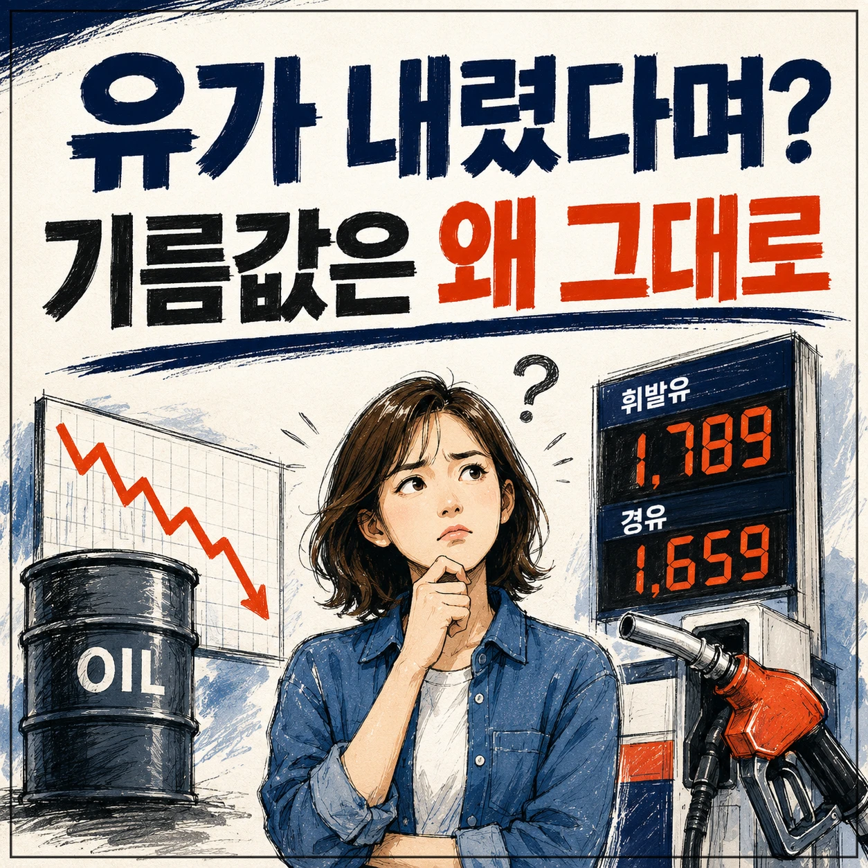 유가가 내렸다는 뉴스와 달리 주유소 기름값은 그대로인 상황을 스케치 스타일로 표현한 이미지, 기름값 가격표와 주유기, 하락 차트, 고민하는 소비자가 함께 보입니다