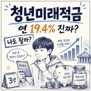 청년미래적금 조건, 연 19.4%만 보고 신청해도 될까? 2 청년미래적금을 주제로, 볼펜 스케치 느낌의 청년과 적금 통장·동전 요소를 함께 담아 혜택과 조건을 고민하는 분위기를 표현한 대표 이미지