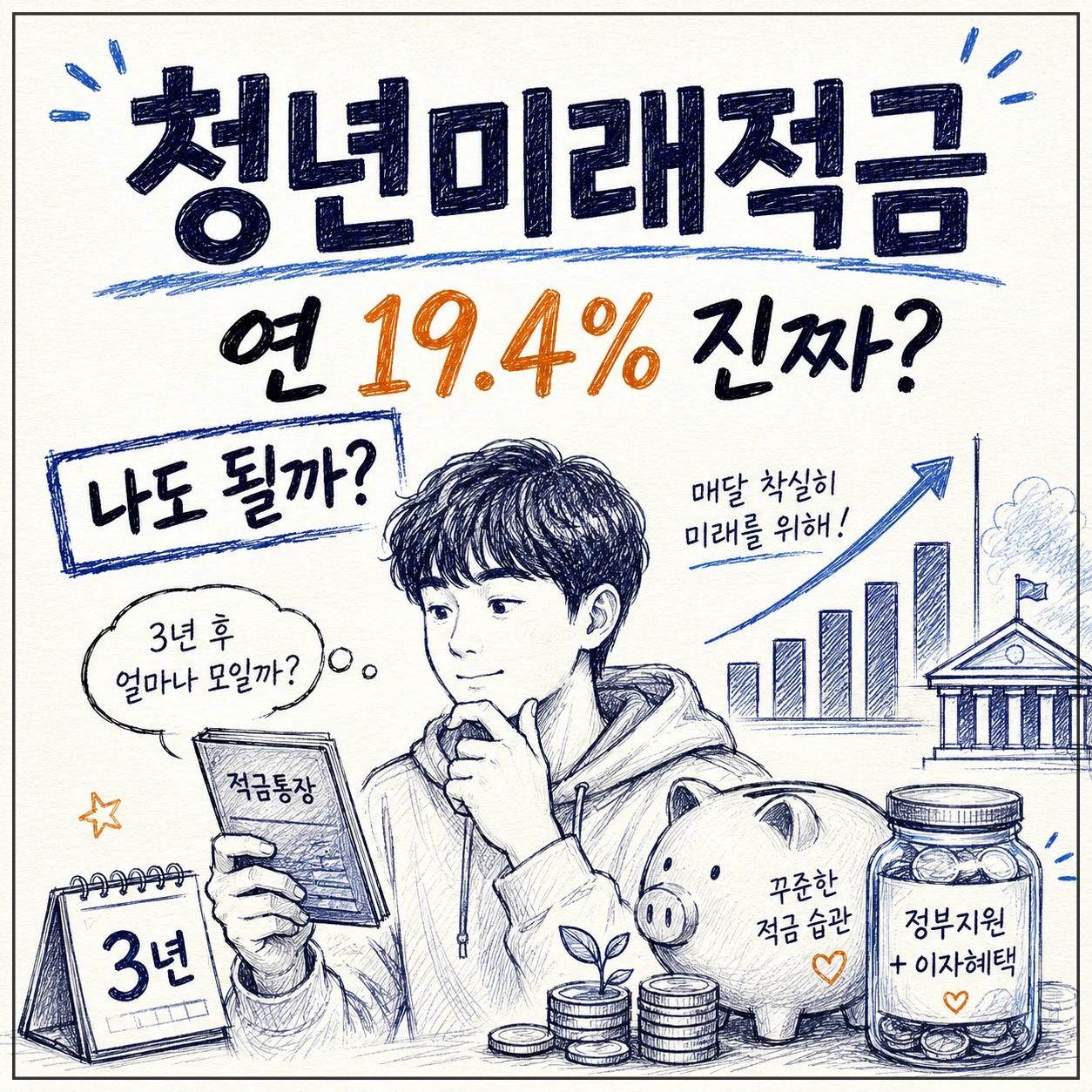 청년미래적금을 주제로, 볼펜 스케치 느낌의 청년과 적금 통장·동전 요소를 함께 담아 혜택과 조건을 고민하는 분위기를 표현한 대표 이미지