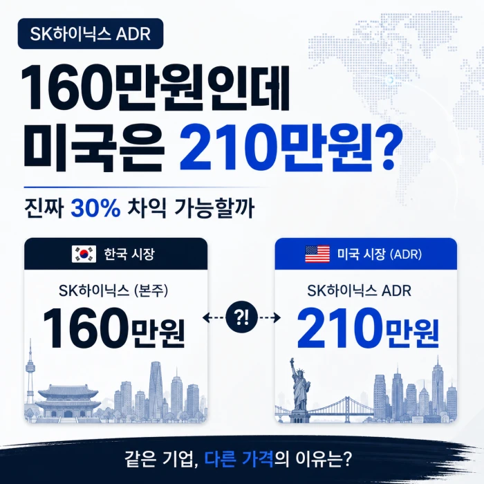 한국과 미국 시장에 상장된 SK하이닉스 가격 차이를 비교한 정사각형 이미지. 국내 160만원대와 미국 환산 210만원대 가격 차이를 강조하며, 같은 회사 주식인데 왜 가격이 다른지 궁금증을 유도하는 구성.