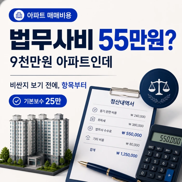9천만원 아파트의 법무사비 55만원과 기본보수 25만원을 비교한 아파트 매매비용 안내 이미지