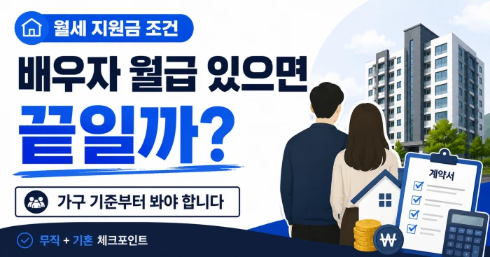 월세 지원금 조건, 무직이어도 배우자 소득을 함께 볼까? 2 배우자 월급이 있으면 월세 지원이 끝나는지 궁금한 사람을 위한 가로형 안내 이미지로, 가구 기준부터 봐야 한다는 핵심 내용을 담은 썸네일