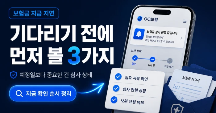 보험금 지급 지연 상황에서 심사 상태와 필요 서류, 보완 요청 여부를 먼저 확인하라는 내용을 담은 가로형 안내 이미지