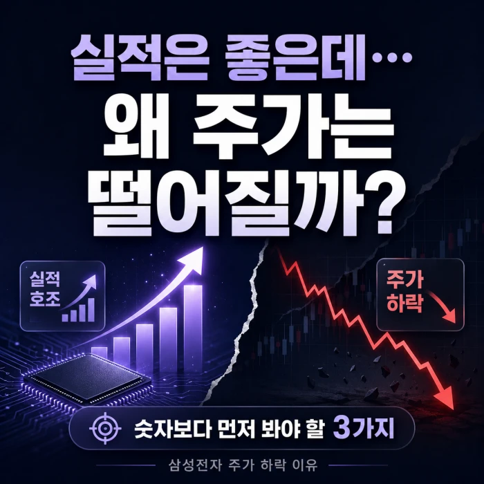 실적은 좋은데 주가는 왜 떨어질까를 주제로, 반도체 칩과 상승 그래프, 하락 차트를 함께 보여주는 삼성전자 주가 하락 이유 이미지