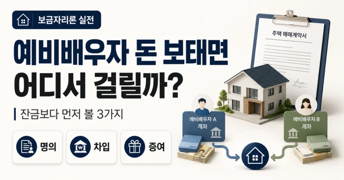 신혼부부 매매대출 잔금, 예비배우자 통장에서 보내도 될까? 2 보금자리론 실전 주제를 다룬 가로형 썸네일 이미지. 예비배우자 자금이 주택 매매 잔금에 들어갈 때 어디서 문제가 생길 수 있는지, 명의·차입·증여 3가지를 중심으로 보여준다.