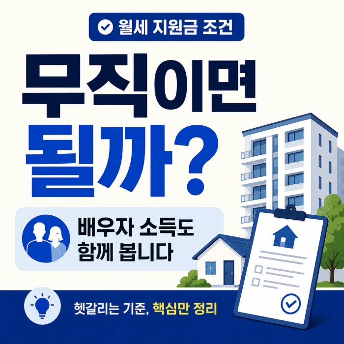 무직인 기혼자가 월세 지원금을 받을 수 있는지와 배우자 소득도 함께 본다는 핵심 내용을 담은 정사각형 안내 이미지