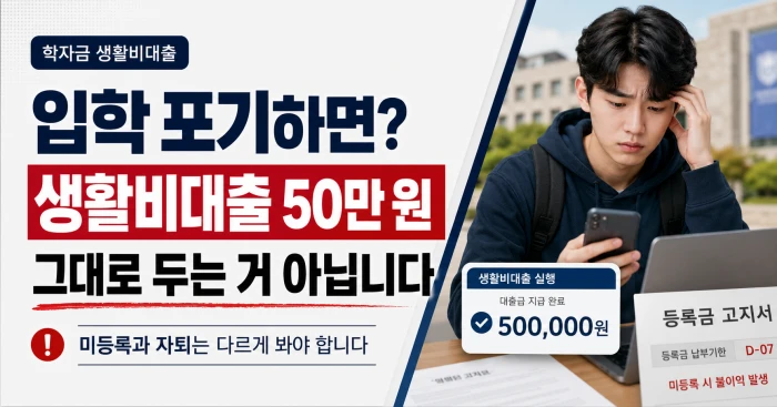 학자금 생활비대출 자퇴하면? 등록 전 50만 원 반환 기준 2 입학을 포기하거나 대학에 미등록할 때 학자금 생활비대출 50만 원을 그대로 둘 수 있는지 설명하는 가로형 이미지. 학생이 스마트폰을 보며 고민하는 장면과 함께 미등록과 자퇴는 다르게 봐야 한다는 문구가 들어가 있다.