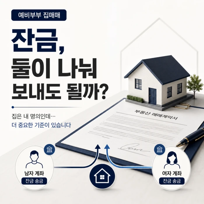 신혼부부 매매대출 잔금, 예비배우자 통장에서 보내도 될까? 3 예비부부가 주택 매매 잔금을 준비하는 상황을 다룬 정사각형 썸네일 이미지. 잔금 송금보다 먼저 확인해야 할 기준을 강조하는 금융 콘텐츠용 비주얼.