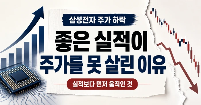 삼성전자 주가 하락 이유, 좋은 실적과 약한 주가가 함께 나온 배경 2 좋은 실적이 주가를 못 살린 이유를 주제로, 반도체 칩과 상승 막대그래프, 하락 화살표와 주가 차트를 함께 배치한 삼성전자 주가 하락 이미지
