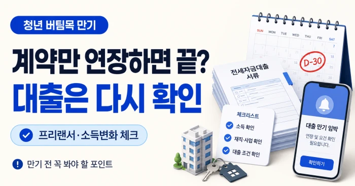 청년 버팀목전세대출 만기와 연장 확인 사항을 설명하는 가로형 이미지로, 계약만 연장하면 끝나는지와 프리랜서·소득 변화 체크 필요성을 강조한 배너형 디자인