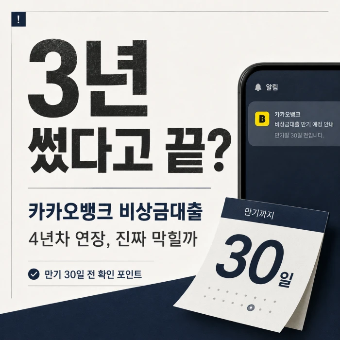 카카오뱅크 비상금대출 연장 가능 여부와 4년차 심사 포인트를 다룬 정사각형 뉴스형 썸네일 이미지