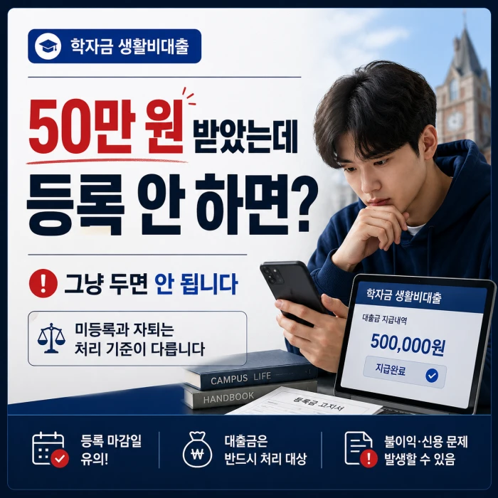 학자금 생활비대출 50만 원을 받은 뒤 대학에 등록하지 않으면 어떻게 되는지 설명하는 정사각형 이미지. 학생이 스마트폰과 대출 지급 화면을 보고 있으며, 미등록과 자퇴는 처리 기준이 다르다는 문구가 강조돼 있다.