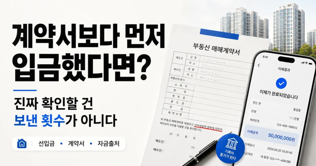 가계약금 계약금, 먼저 보낸 돈 본계약에 포함해도 될까? 1 계약서보다 먼저 입금했다면 본계약에서 무엇을 확인해야 하는지 보여주는 부동산 계약금 안내 배너 이미지