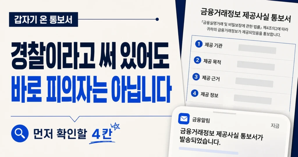 금융거래정보 제공사실 통보서 수사목적, 내가 피의자인지 알 수 있을까? 2 경찰이 금융거래정보를 조회한 통보서를 받았을 때 제공기관·목적·근거·정보를 확인하는 방법을 보여주는 이미지