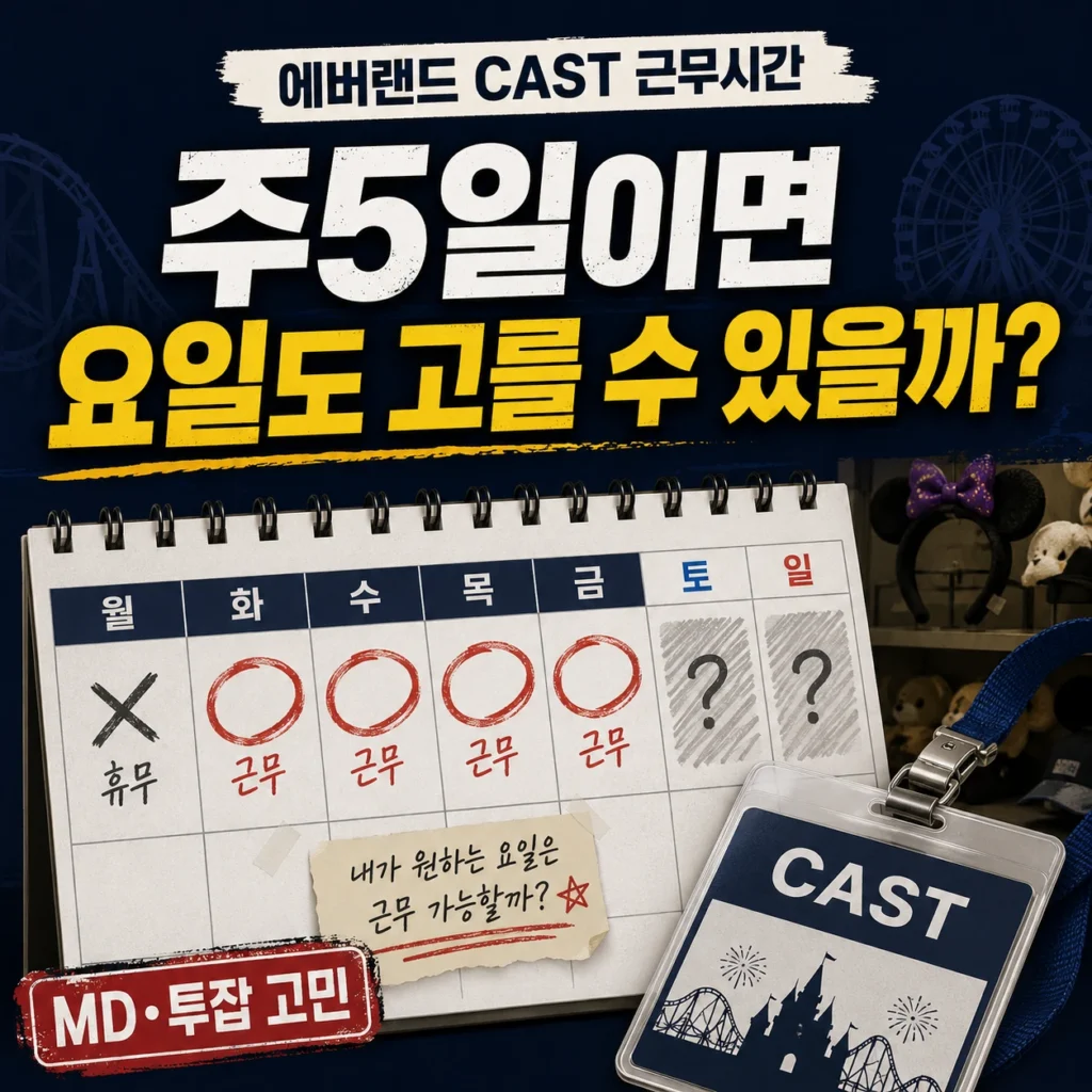 에버랜드 알바 근무시간, 주 5일이면 원하는 요일로 일할 수 있을까? 3 에버랜드 CAST 근무시간과 주 5일 근무 시 원하는 요일 선택 가능 여부를 달력과 CAST 명찰로 표현한 이미지