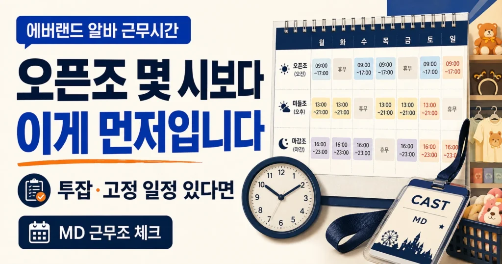 에버랜드 알바 근무시간, 주 5일이면 원하는 요일로 일할 수 있을까? 2 에버랜드 알바 근무시간과 상품판매 MD 근무조를 시계와 주간 근무표, CAST 명찰로 표현한 가로형 이미지